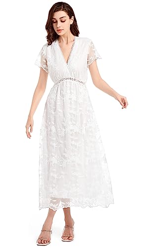 BOUTIKS Blumenspitze Hochzeitskleider für Damen mit Kurzen Ärmeln, Tiefer V-Ausschnitt Maxikleid Damen, Cocktail und Abendkleid Weiß Damen Maxikleid für Brautjungfern und Partys, L von BOUTIKS