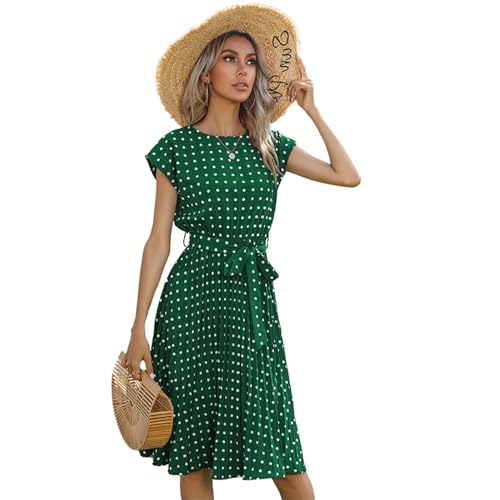 BOUTIKS Kleid Damen Sommer Elegant Rundhalsausschnitt Kurzarm Plissee A-Linie Polka Dot Kleid mit Gürtel, XXL von BOUTIKS
