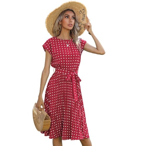 BOUTIKS Kleid Damen Sommer Elegant Rundhalsausschnitt Kurzarm Plissee A-Linie Polka Dot Kleid mit Gürtel, XXL von BOUTIKS