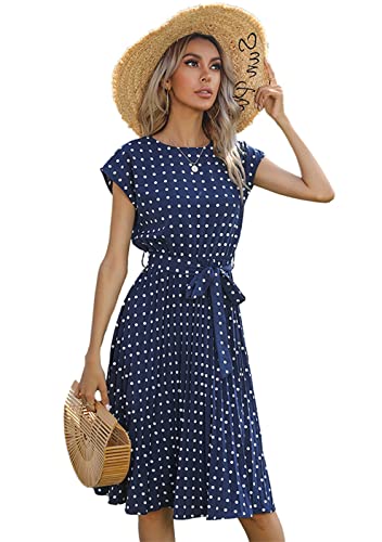 BOUTIKS Kleid Damen Sommer Elegant Rundhalsausschnitt Kurzarm Plissee A-Linie Polka Dot Kleid mit Gürtel, L von BOUTIKS