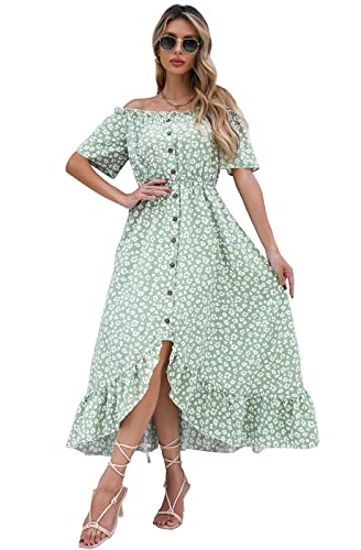 BOUTIKS Kleid Damen Sommer Lässig, Schulterfrei Blumen Maxikleid Kurzarm Strandkleid, Boho Kleid Damen, XL von BOUTIKS