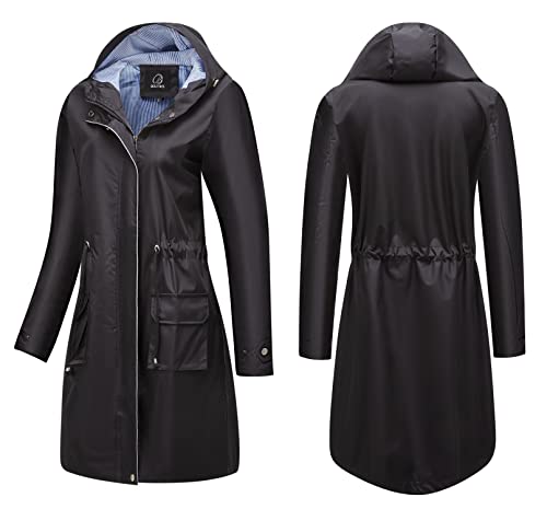 BOUTIKS Lange Regenjacke für Damen, Windjacke Outdoor Trenchcoat, Wasserdichte Übergangsjacke mit Kapuze und Atmungsaktivem Futter, Schwarz, M von BOUTIKS