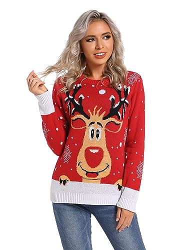 BOUTIKS Pullover Damen Gestrickt Weihnachten Pullover Lustiges Weihnachten Elch Schneeflocke Langarm Pullover Shirt, L von BOUTIKS