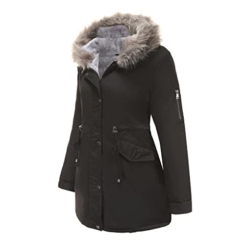 BOUTIKS Winddichter Wintermantel für Damen, Dicke Militär Parka Jacke, Warmer mit Fleece Gefütterter Mantel mit Kunstpelzkapuze, Schwarz, M von BOUTIKS