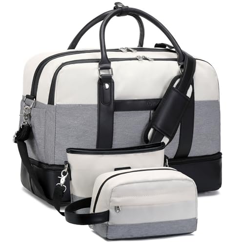 BOVIP Weekender-Taschen für Damen, Übernachtungstasche, groß, Segeltuch, Reisetasche mit Schuhfach, Tragetasche, 3-teiliges Set, A4-graues Set, Large, Reisetasche von BOVIP