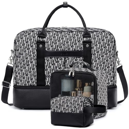 BOVIP Weekender-Taschen für Damen, Übernachtungstasche, groß, Segeltuch, Reisetasche mit Schuhfach, Tragetasche, 3-teiliges Set, A3-Buchstabe B von BOVIP