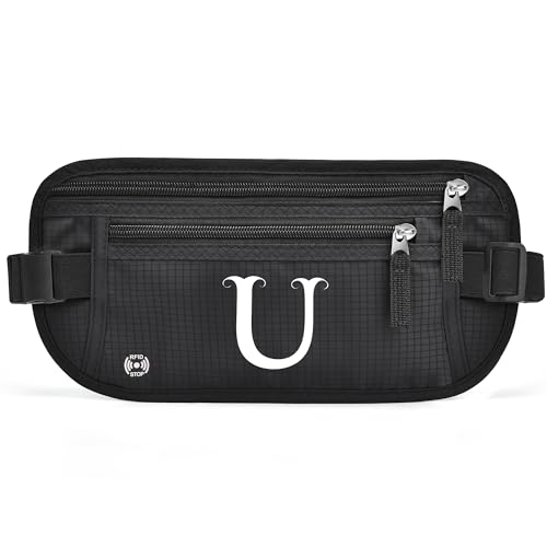 Gürteltasche mit Initialen für Damen und Herren, Hüfttasche für alle Smartphones, Laufgürtel für Reisen, Wandern, Radfahren, Wandern, Wandern, Schwarz, U von BOVOGAVA