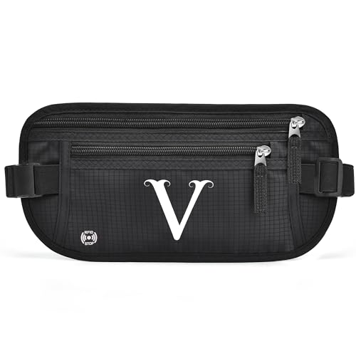 Gürteltasche mit Initialen für Damen und Herren, Hüfttasche für alle Smartphones, Laufgürtel für Reisen, Wandern, Radfahren, Wandern, Wandern, Schwarz, V von BOVOGAVA