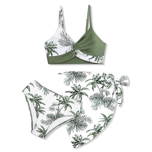 BOVOSHA Mädchen Bikini Set 3-teilig Kinder Badeanzug Tropic Print Wrap Top + Bikinislip mit Rock 5-14 Jahre (Grün, 10-12 Jahre) von BOVOSHA