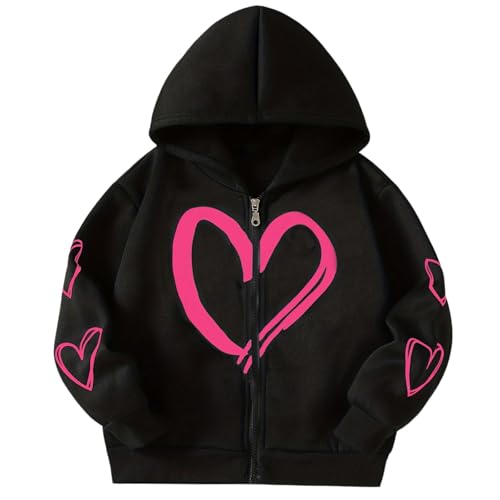 BOVOSHA Mädchen-Kapuzenpullover für Kinder, langärmelig, Reißverschluss, Kapuzenpullover, Herzmuster, Oberteil, Größe 6–12 Jahre, Schwarz , 9-10 Years von BOVOSHA