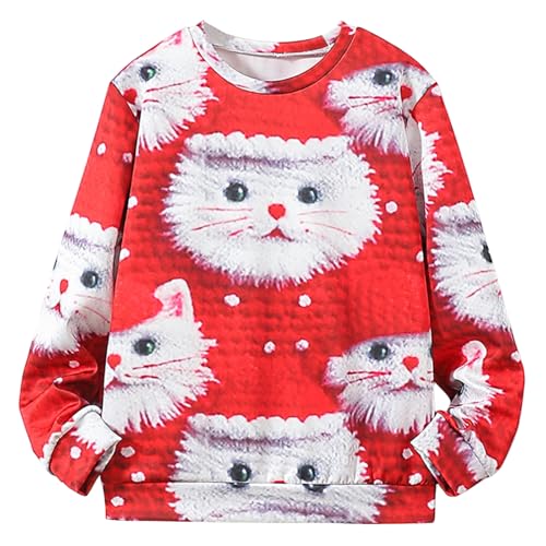 BOVOSHA Mädchen hässliche Weihnachten Rundhalsausschnitt Pullover Kinder 3D Katze drucken Weihnachten Sweatshirt Neuheit rot Pullover (Rot, 10-12T) von BOVOSHA