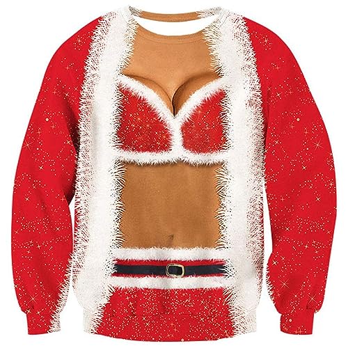 BOVOSHA Weihnachtspullover Damen Lustige 3D Muskel Langarm Weihnachten Sweatshirts Herren Xmas hässliches Pullover (Damen, XL) von BOVOSHA