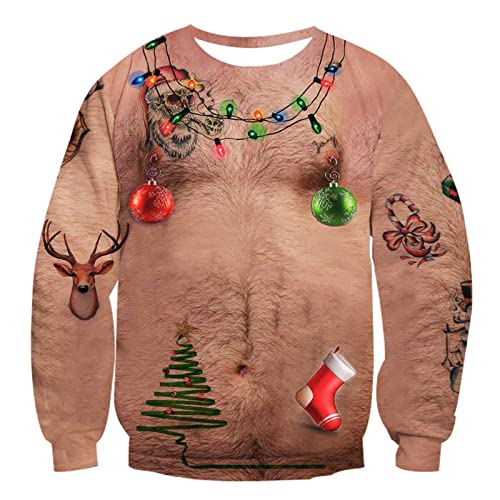 BOVOSHA Weihnachtspullover Damen Für Herren Xmas Lustiger Hässlicher Pullover 3D Weihnachts Sweatshirt Paar (Braun, 3XL) von BOVOSHA