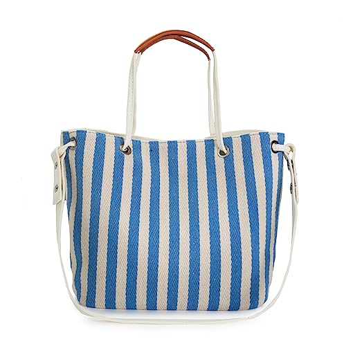 BOVXAWES Damen-Tragetasche, Canvas-Tragetasche für Damen, kleine Eimertasche, Segeltuch-Umhängetasche, gestreifte Strandtasche, Hellblau, Small BOVXAWES Damen-Tragetasche, Canvas-Tragetasche für Damen, kleine Eimertasche, Segeltuch-Umhängetasche, gestreifte Strandtasche, Hellblau, Small von BOVXAWES