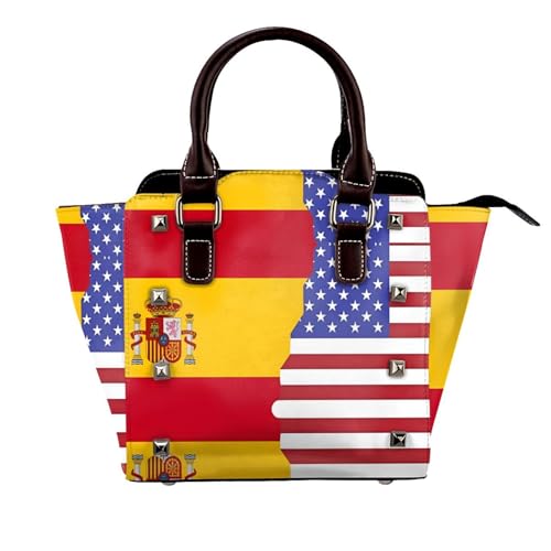 BOXILTD Amerikanische Spanien-Flagge, Nieten-Handtasche für Damen, große Umhängetasche, Lederhandtasche, geeignet für tägliche Reisen, Schwarz BOXILTD Amerikanische Spanien-Flagge, Nieten-Handtasche für Damen, große Umhängetasche, Lederhandtasche, geeignet für tägliche Reisen, Schwarz von BOXILTD