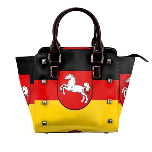 BOXILTD Flagge Niedersachsen Nieten Handtasche für Frauen - Damen Große Crossbody Tasche Leder Handtasche Geeignet für Tägliche Reisen, Schwarz BOXILTD Flagge Niedersachsen Nieten Handtasche für Frauen - Damen Große Crossbody Tasche Leder Handtasche Geeignet für Tägliche Reisen, Schwarz von BOXILTD