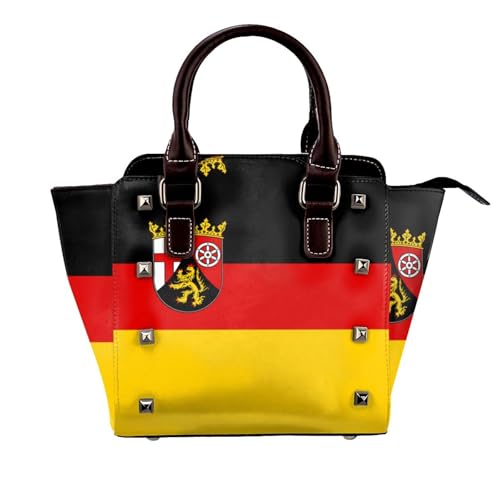 BOXILTD Flagge des Staates Rheinland-Pfalz Nieten Handtasche für Frauen - Damen Große Crossbody Bag Leder Handtasche Geeignet für tägliche Reisen, Schwarz BOXILTD Flagge des Staates Rheinland-Pfalz Nieten Handtasche für Frauen - Damen Große Crossbody Bag Leder Handtasche Geeignet für tägliche Reisen, Schwarz von BOXILTD