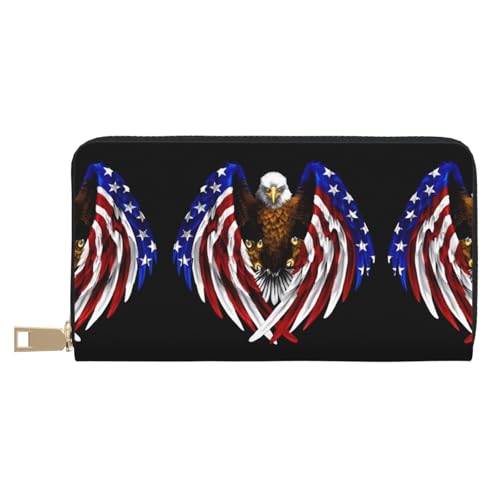 BOXILTD Soaring Eagle Geldbörse aus Leder für Damen und Herren – lange Geldbörse mit Reißverschluss, großes Fassungsvermögen, Kreditkartenhalter, Reisegepäck, USA-Flagge, Patriotischer Adler von BOXILTD