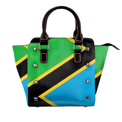 BOXILTD Tansania Flag Nieten Handtasche für Frauen - Damen Große Crossbody Tasche Leder Handtasche Geeignet für tägliche Reisen, Schwarz BOXILTD Tansania Flag Nieten Handtasche für Frauen - Damen Große Crossbody Tasche Leder Handtasche Geeignet für tägliche Reisen, Schwarz von BOXILTD