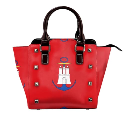 Hellblaue Handtasche mit Nieten für Damen, große Umhängetasche, Leder, geeignet für den täglichen Gebrauch, Schwarz, Hamburger Flagge, Einheitsgröße von BOXILTD