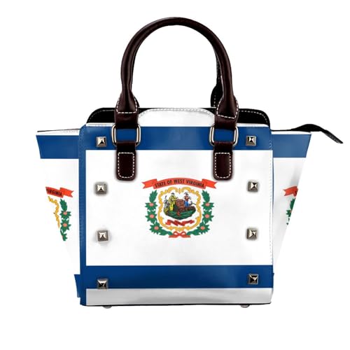 Soaring Eagle Nieten Handtasche für Frauen - Damen Große Crossbody Tasche Leder Handtasche Geeignet für Tägliche Reisen, Schwarz, West Virginia Flagge, Einheitsgröße Soaring Eagle Nieten Handtasche für Frauen - Damen Große Crossbody Tasche Leder Handtasche Geeignet für Tägliche Reisen, Schwarz, West Virginia Flagge, Einheitsgröße von BOXILTD