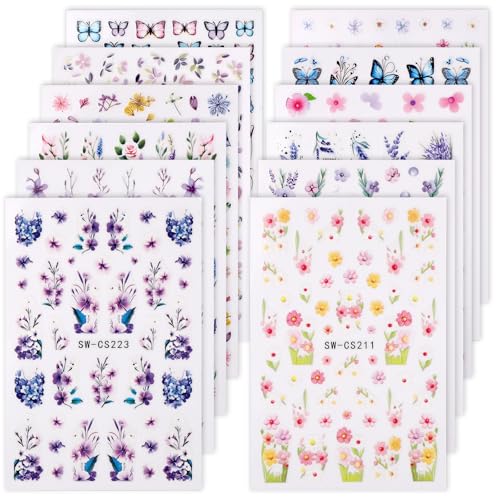 12 Blatt Blumen Nagelaufkleber, Selbstklebende 3D-Nagelaufkleber mit Blumen und Blattpflanzen Frühlings und Sommer DIY Maniküre-Dekorationen für Frauen Mädchen von BOXOB