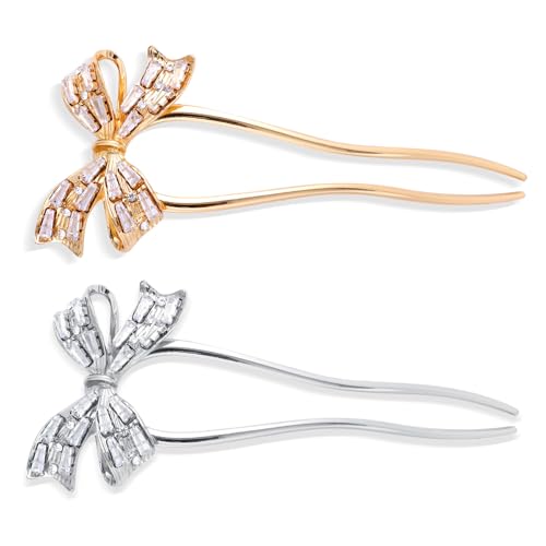 2 Stück Einfache U-Förmige Haarnadeln mit Schleife, Modische Haarnadel im Französischen Stil mit Zirkonia Metall 2 Zinken Haarstab Twist Haar Tool für Damen Styling-Zubehör (Gold, Silber) von BOXOB