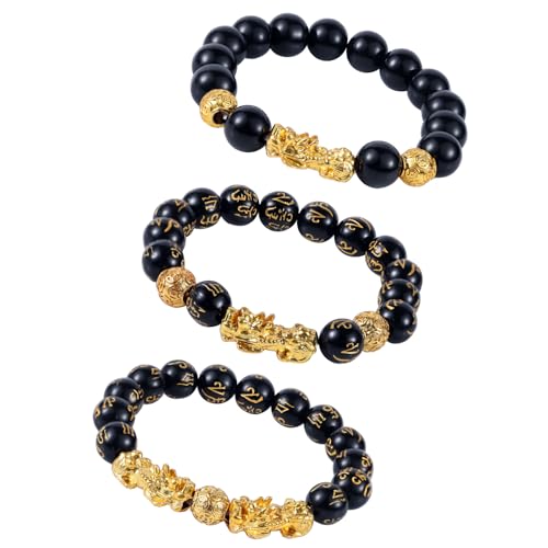 3stk Feng-Shui-Reichtumsarmbänder, Obsidianimitat Glücksarmband mit Pixiu-Anhängern zum Schutz Bringt Glück und Reichtum Gold und Schwarz Perlenschmuck Geschenk für Männer Frauen von BOXOB