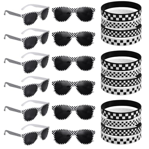 BOXOB 12stk Rennwagen-Sonnenbrillen & 12stk Armbänder, Rennparty-Set Mit Schwarz-Weiß Karierten Brillen Silikonarmbändern für Sommer Pool Auto Geburtstag Geschenke Deko von BOXOB
