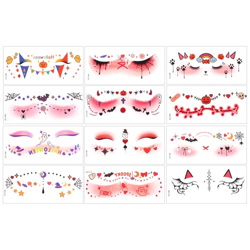 BOXOB 12stk Temporäre Halloween-Gesichtstattoos, Wasserfeste Make-Up-Gesichtsaufkleber Realistisches Make-Up Temporäre Tattoos für Unisex Kinder Erwachsene Halloween-Party-Dekoration von BOXOB