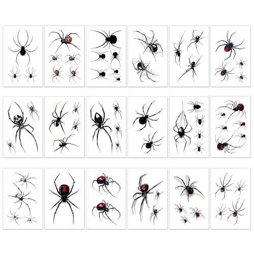 BOXOB 18 Stück temporäre Spinnen-Tattoos, Wasserfeste Wassertransfer Aufkleber Halloween Tattoo Aufkleber für Gesicht und Körper für Erwachsene und Kinder Halloween-Party Cosplay von BOXOB