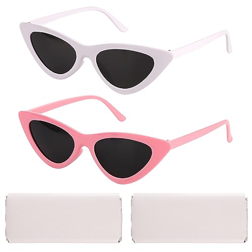 BOXOB 2 Stück Katzenaugen Sonnenbrillen für Damen, Trendige Vintage Sonnenbrillen für Damen Retro Sonnenbrillen Set für Party Täglicher Gebrauch mit 2 Stück Sonnenbrillentaschen (Weiß, Rosa) von BOXOB