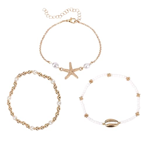 BOXOB 3-Teiliges Muschel-Fußkettchen-Set, dehnbar Boho-Muschel-Fußkettchen für Frauen Elegante Perlen-Modegeschenke Fußschmuck den Sommerstrand für den Urlaub Eine Strandparty (Stil 1) von BOXOB