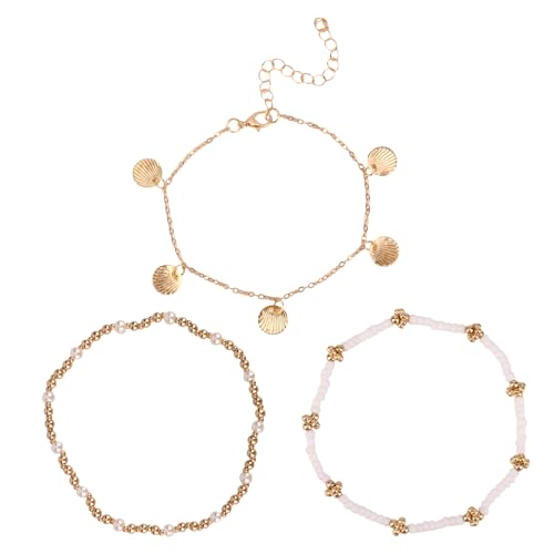 BOXOB 3-Teiliges Muschel-Fußkettchen-Set, dehnbar Boho-Muschel-Fußkettchen für Frauen Elegante Perlen-Modegeschenke Fußschmuck den Sommerstrand für den Urlaub Eine Strandparty (Stil 3) von BOXOB