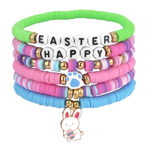 BOXOB 6 Osterarmbänder für Frauen, 6 Stile Bunt Oster-Tonperlenarmbänder Elastisch Oster-Freundschaftsarmbänder Heishi-Surferarmbänder als von BOXOB