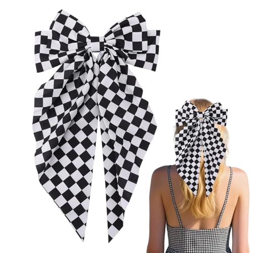 Haarspangen mit Großer Schleife und Langem Zopf, 38x20cm Karierte Haarspangen für Frauen Schwarz Weiße Haarschleifen Clips Racing Karierte Flaggenschleifen Haar Accessoire von BOXOB
