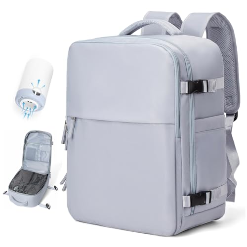 Vakuum Rucksack Handgepäck Airbag mit Pumpe Travel Vacuum Backpack Reisen Tagesrucksack Wasserdicht Damen Herren Vacpack Tasche Flugzeug Reiserucksack mit Vakuumsystem GrauBlau. von BOXSAM