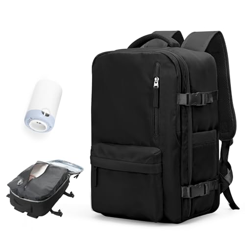 BOXSAM Vakuum Rucksack Handgepäck Flugzeug Tasche Airbag mit Vakuumsystem Reisen Tagesrucksack Ryanair 40x30x25 Rucksack Damen Vacuum Reiserucksack mit Pumpe Wasserdicht Herren Vakuum Koffer?Schwarz? von BOXSAM