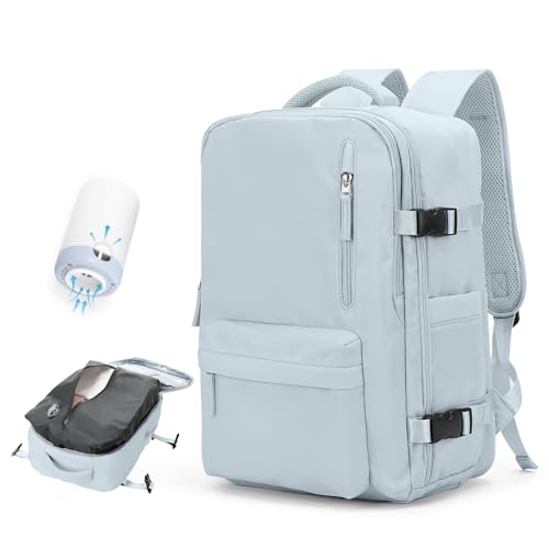 BOXSAM Vakuum Rucksack Handgepäck Flugzeug Tasche Airbag mit Vakuumsystem Reisen Tagesrucksack Ryanair 40x30x25 Rucksack Damen Vacuum Reiserucksack mit Pumpe Wasserdicht Herren Vakuum Koffer?Blau? von BOXSAM