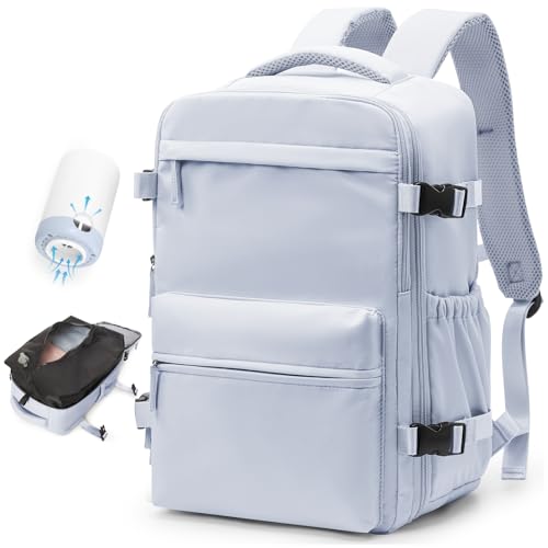 BOXSAM Vakuum Rucksack Handgepäck Flugzeug Tasche Airbag mit Vakuumsystem Reisen Tagesrucksack Esayjet 45x20x36 Rucksack Damen Vacuum Reiserucksack mit Pumpe Wasserdicht Herren Vakuum Koffer Grau von BOXSAM