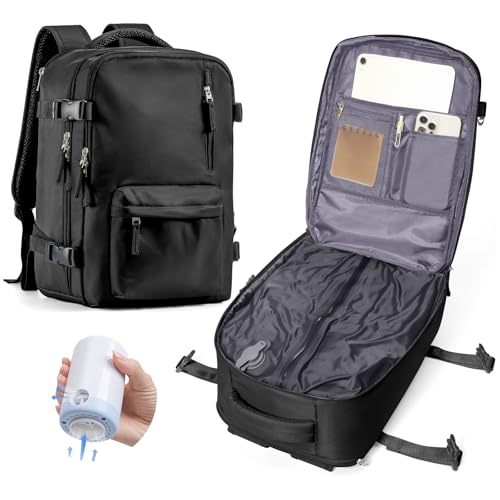 BOXSAM Vakuum Rucksack Handgepäck Schwarz Flugzeug Tasche Airbag mit Vakuumsystem Reisen Tagesrucksack Ryanair 40x30x25 Rucksack Damen Vacuum Reiserucksack mit Pumpe Wasserdicht Herren Vakuum Koffer von BOXSAM