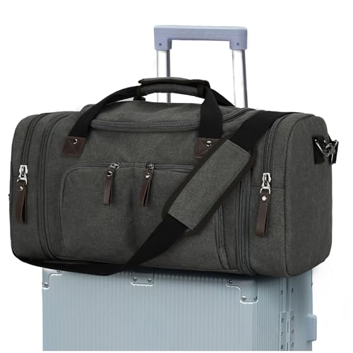 Canvas Reisetasche Groß, Turnbeutel für Herren Damen, Erweiterbar Sporttasche Handgepäck Tasche Weekender Bag Travel Bag Duffle Bag Mit Trolleyhülle für Reisen, Fitnessstudio, Camping,Grau von BOXSAM