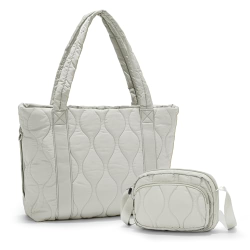 Handtasche Damen Shopper, Aesthetic Tote Bag Mit Kosmetiktasche Große Canvas Tasche Damen Laptoptasche Reisetasche für Büro Arbeit Schule Fitness Reisen und Freizeit,Grau von BOXSAM