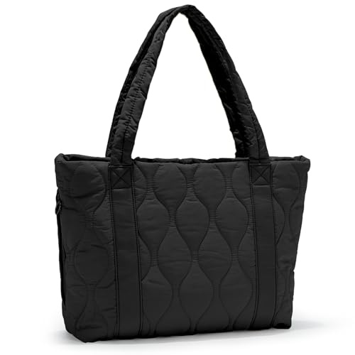 Handtasche Damen Shopper, Aesthetic Tote Bag Mit Kosmetiktasche Große Canvas Tasche Damen Laptoptasche Reisetasche für Büro Arbeit Schule Fitness Reisen und Freizeit,Schwarz von BOXSAM