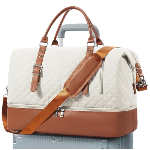 Reisetasche Damen, Sporttasche Handgepäck Tasche Weekender Bag Mit Trolleyhülle Schuhfach, Wasserdicht Travel Bag Duffle Bag Fitnesstasche Trainingstasche Frauen Kliniktasche für Reise Gym,Beige von BOXSAM