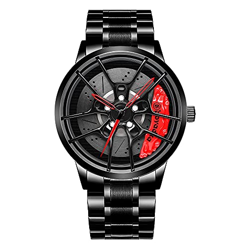 BOYADKA Auto-Rad-Uhren, wasserdicht, Edelstahl, japanische Quarz-Armbanduhr, Sport-Herren-Uhren mit Auto-Felgen-Design für Auto-Enthusiasten, schwarz von BOYADKA