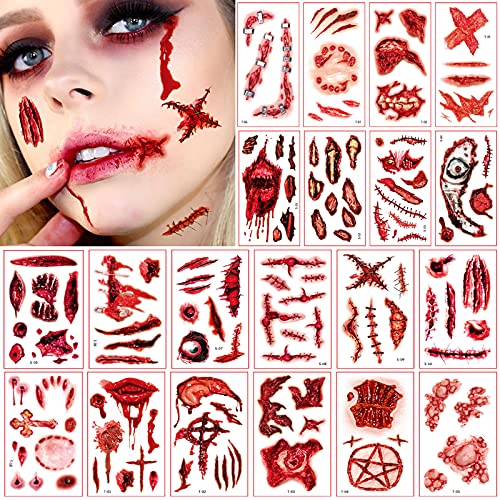 120+ Stck Gesichtstattoo karneval Kostüm Zombie Make Up Zubehör, Vampirzähne Tattoo Gesicht,Fasching Schminke Wunden Narben Tattoo Karneval Schminke,Joker Kostüm Gruselig Make up Requisiten von BOYATONG