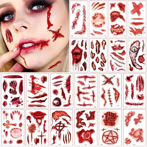 120+ Stck Gesichtstattoo karneval Kostüm Zombie Make Up Zubehör, Vampirzähne Tattoo Gesicht,Fasching Schminke Wunden Narben Tattoo Karneval Schminke,Gruselig Make up Requisiten von BOYATONG