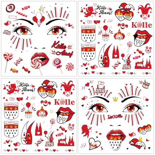 4 Blatt Gesichtstattoo Kölner Karneval Kostüm Damen Herren Gesicht Aufkleber, Klebetattoos Kölle Alaaf Rot Weiss Herz Clown Face Fake Tattoos, Erwachsene Kinder Faschingskostüme Schminke Accessoires von BOYATONG