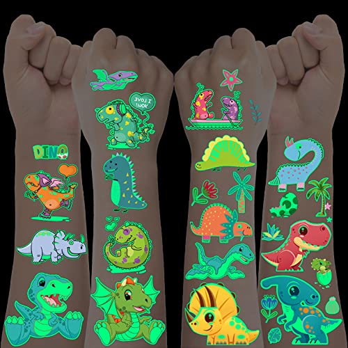 Dino Tattoo Kinder, 100 Stück Kindertattoos Jungen, Groß Leuchtende Dinosaurier Aufkleber, Temporäre Tattoos Set für Geburtstagsdeko Dino Party Mitgebsel Kindergeburtstag Jungen von BOYATONG